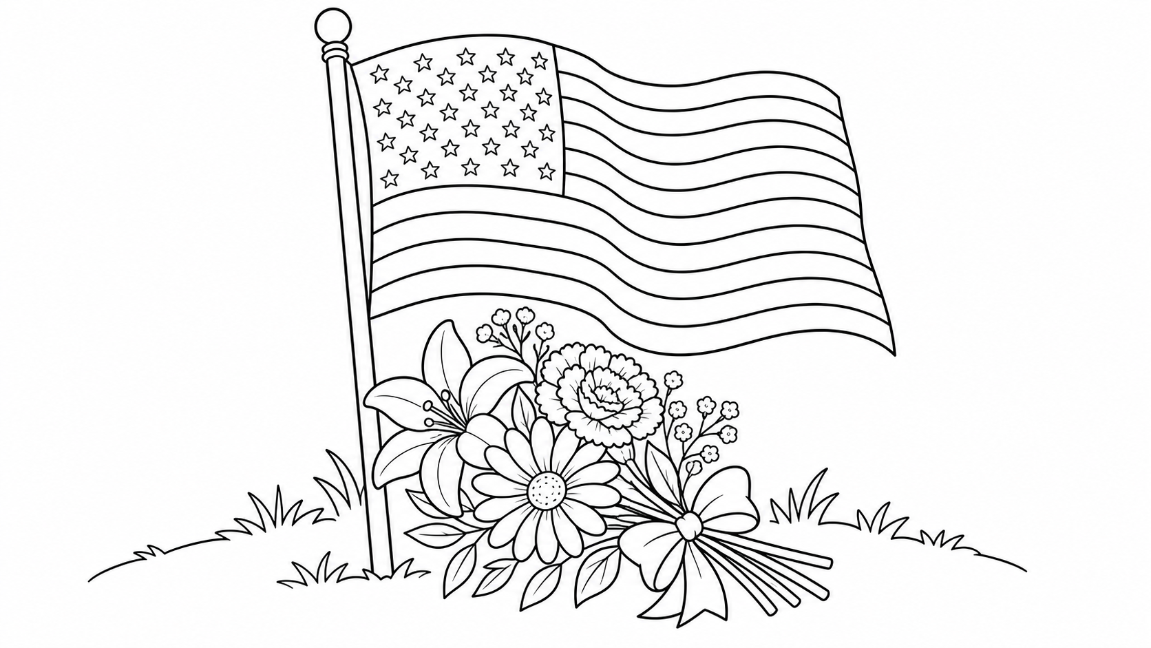 Preview of a Memorial Day flag and flowers coloring page.