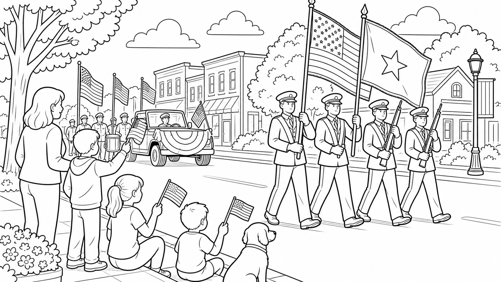 Preview of a community Memorial Day parade coloring page.