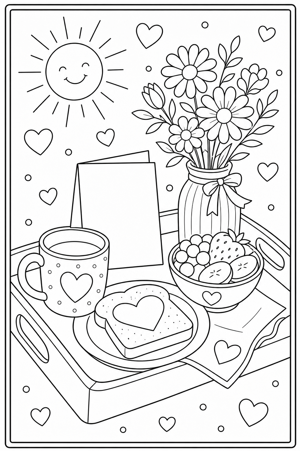Printable Mother's Day breakfast tray coloring page.