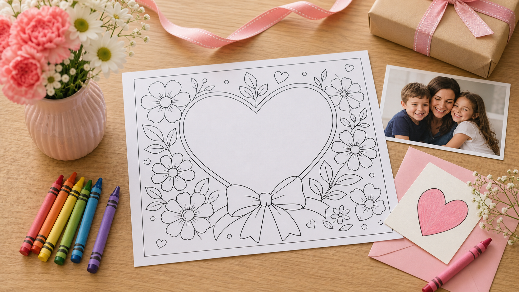 Mother's Day coloring page on a table with crayons, flowers, and a family photo