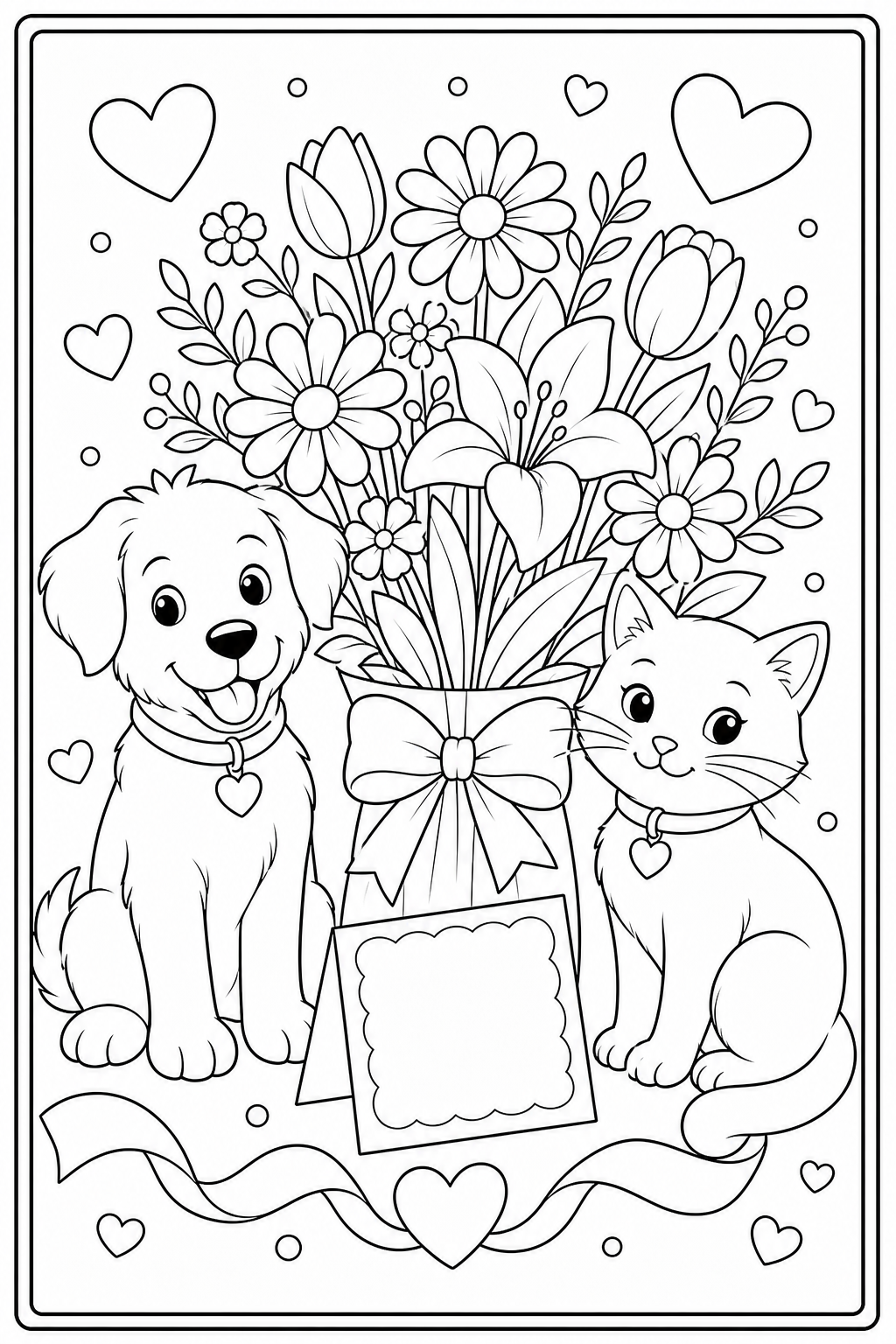 Printable Mother's Day pet and flowers coloring page.
