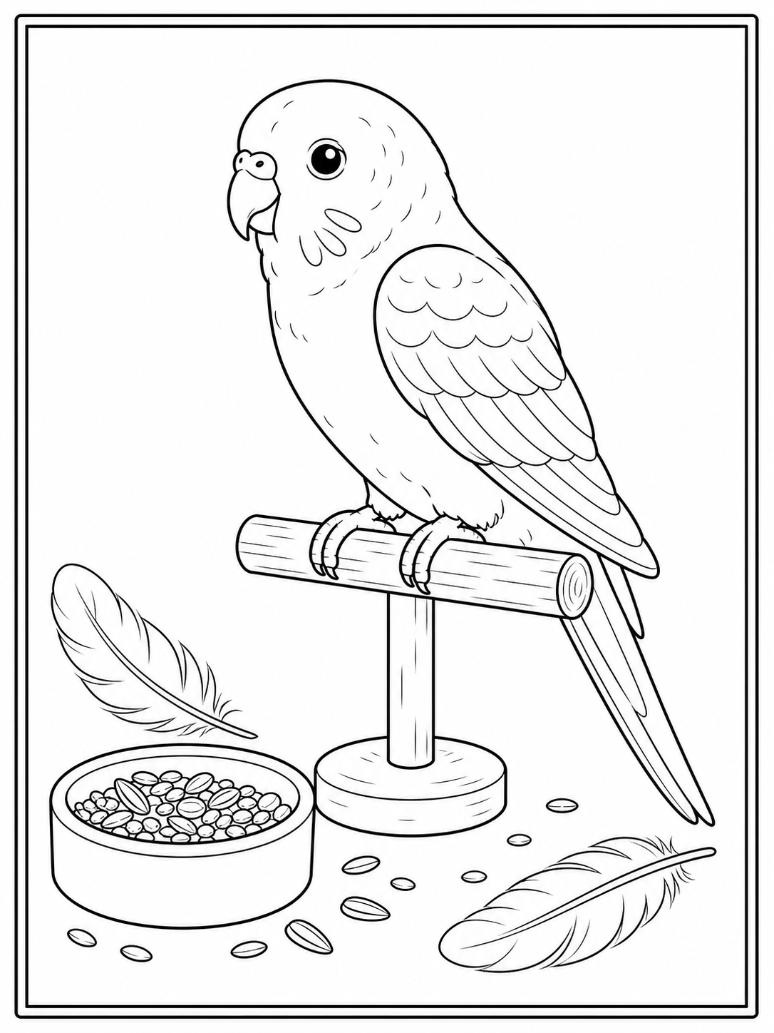 Printable pet bird on a perch coloring page.