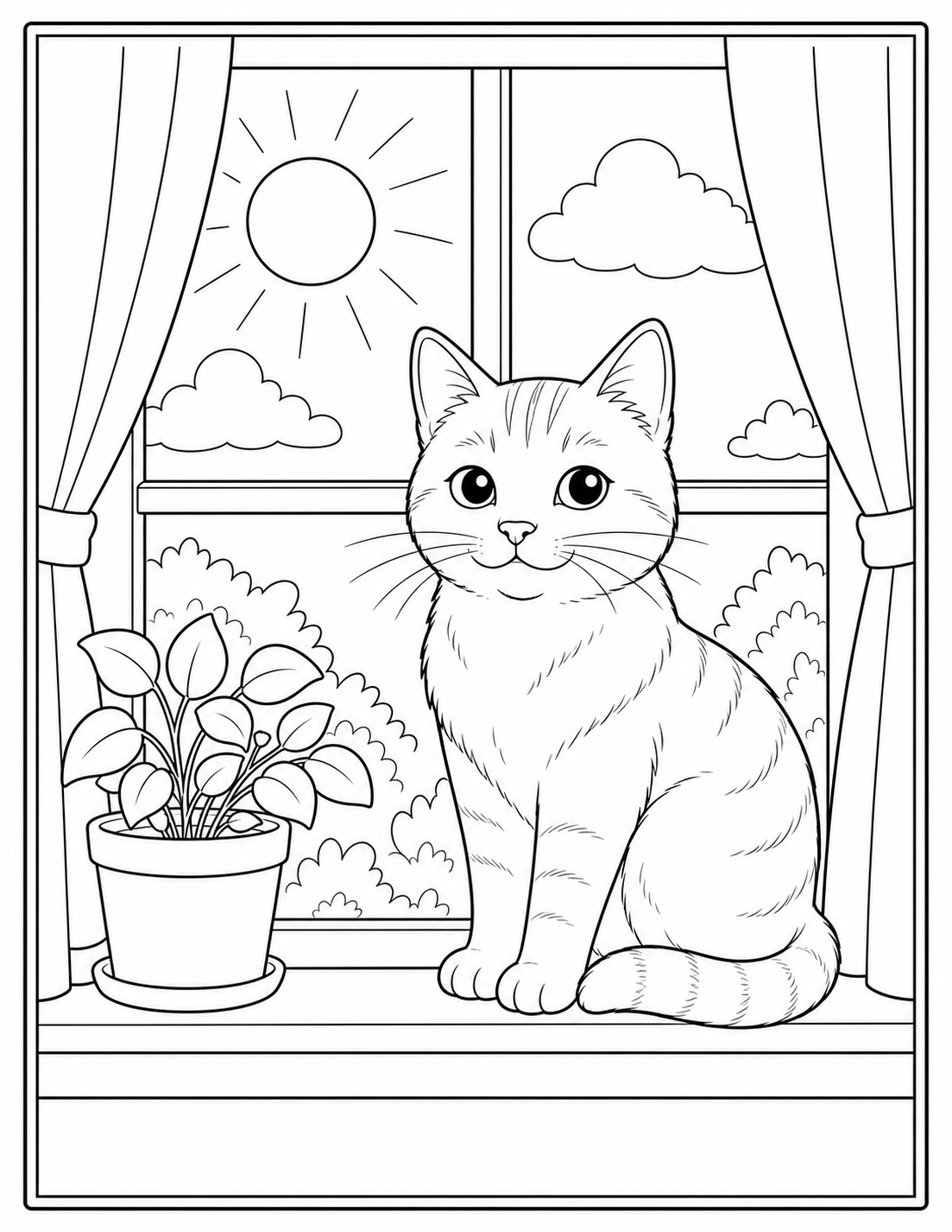 Printable cat in a window coloring page.