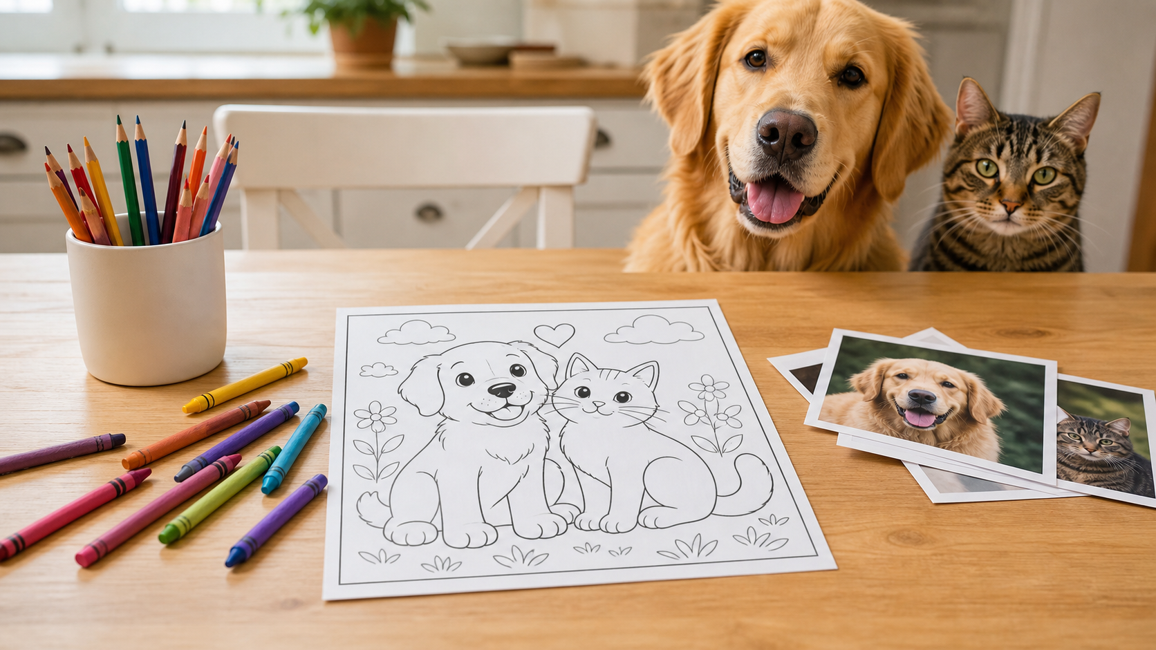 Printable pet coloring page on a family table with crayons and dog and cat photos nearby