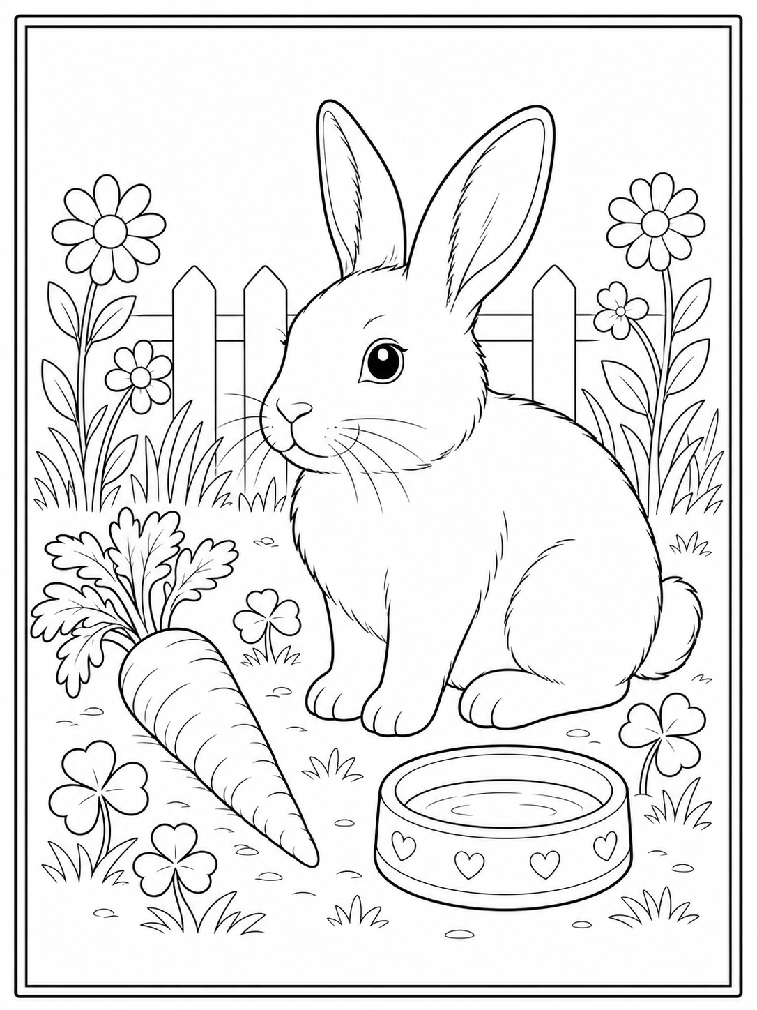 Printable rabbit garden coloring page.