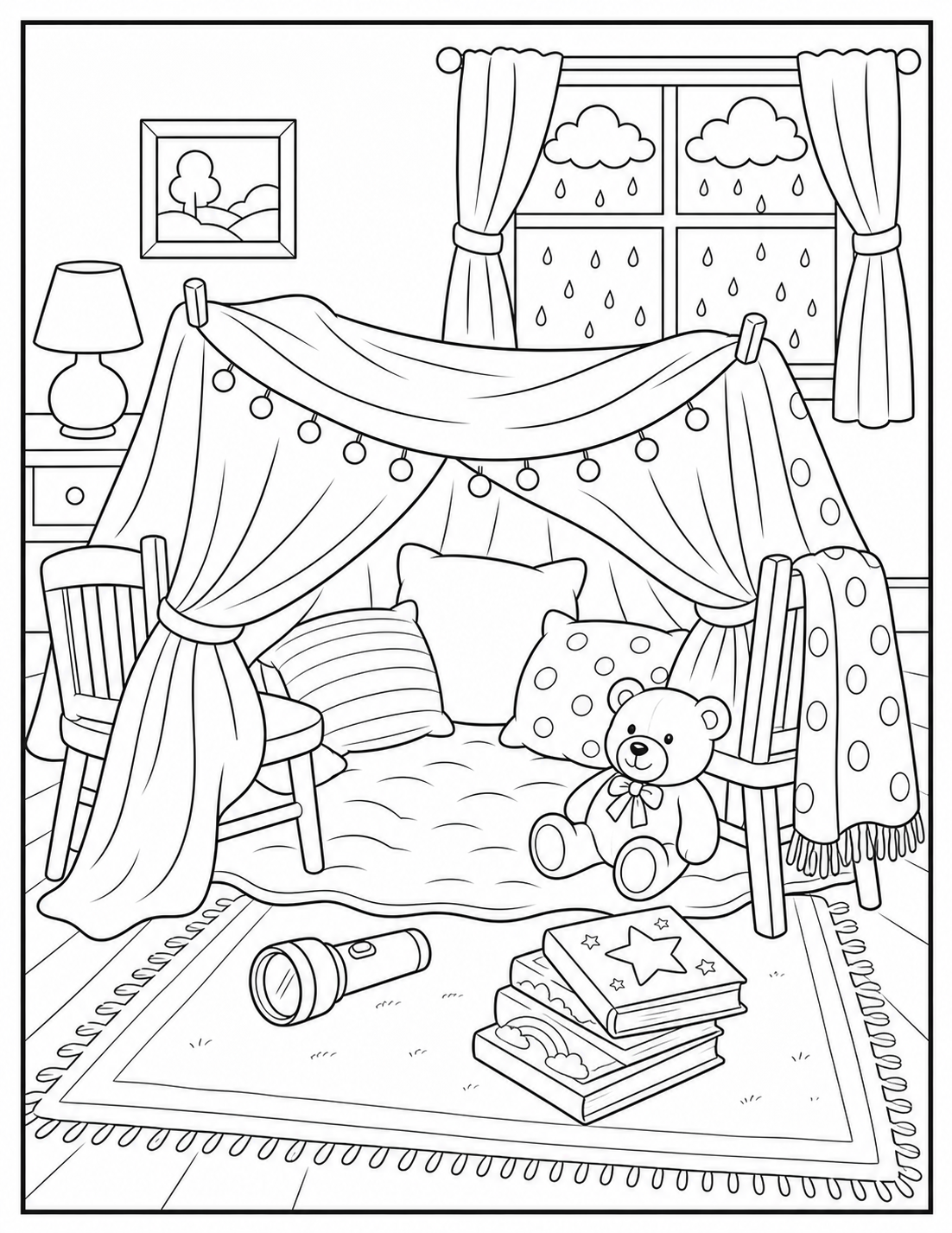 Printable blanket fort coloring page.