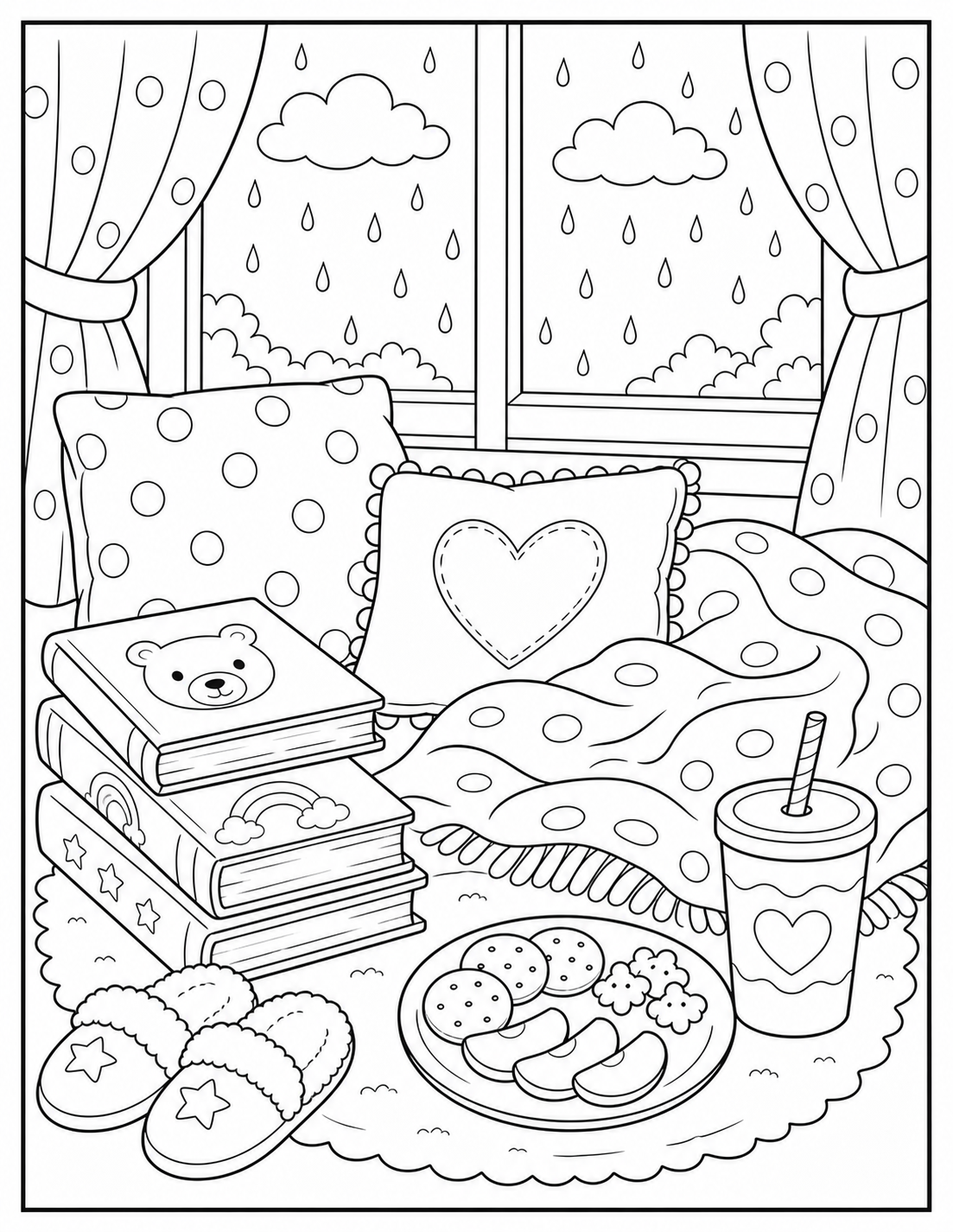 Printable books and snacks rainy day coloring page.