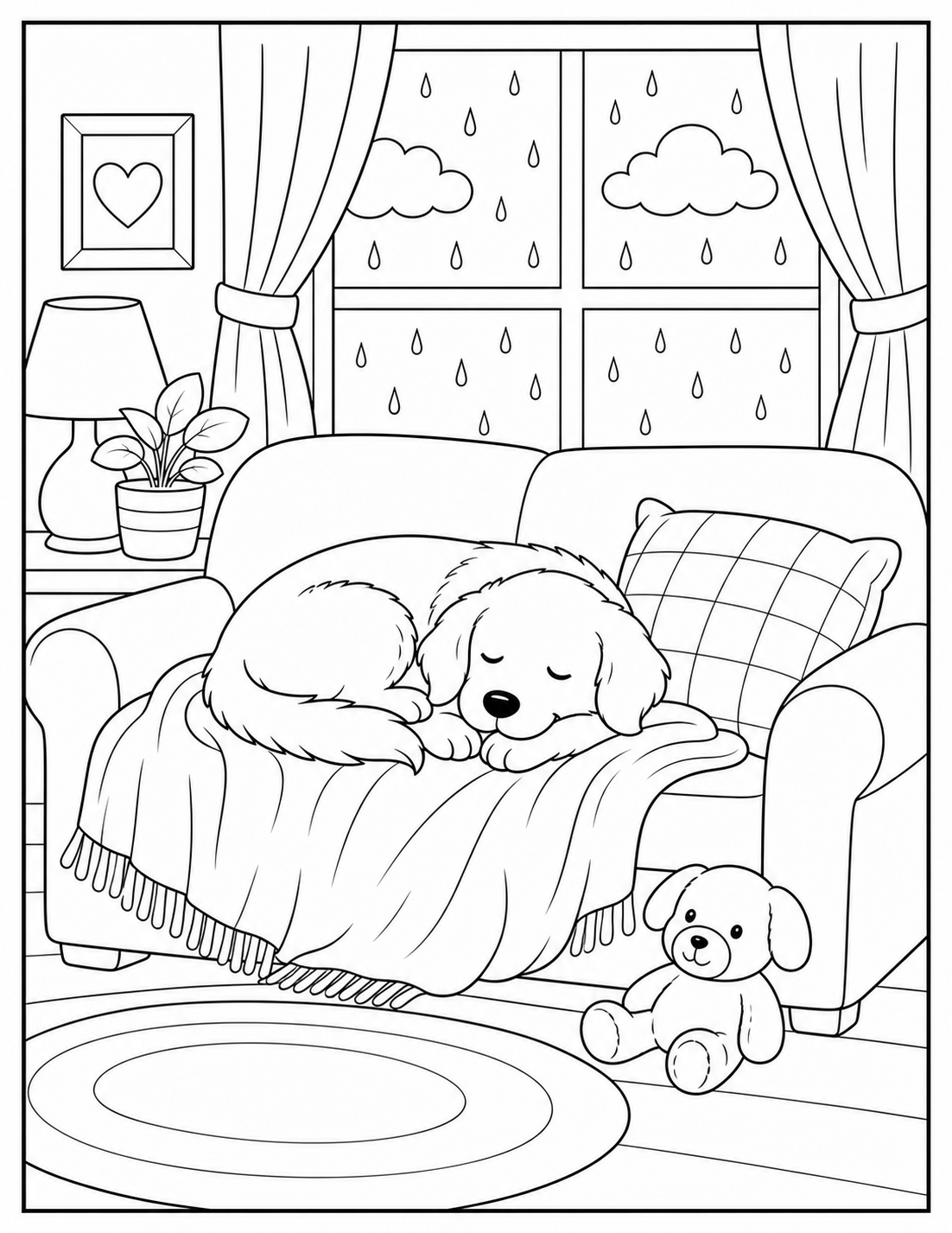 Printable pet on couch coloring page.