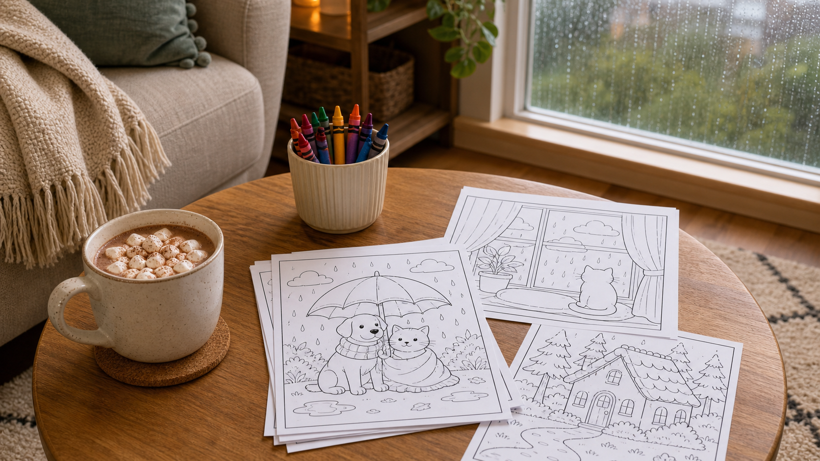 Rainy day coloring pages on a table with crayons, books, and a cozy indoor setup