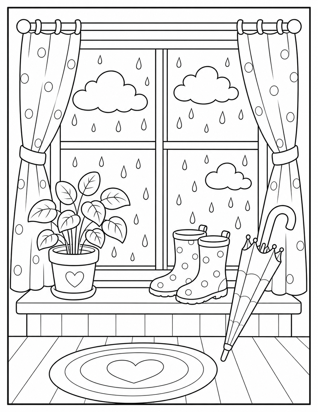 Printable rainy day window coloring page.