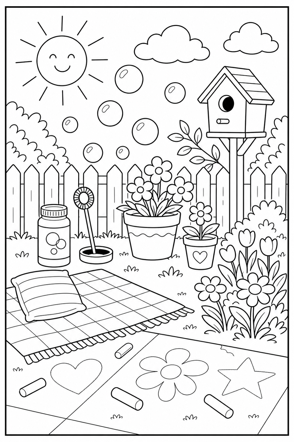 Printable spring break backyard coloring page.