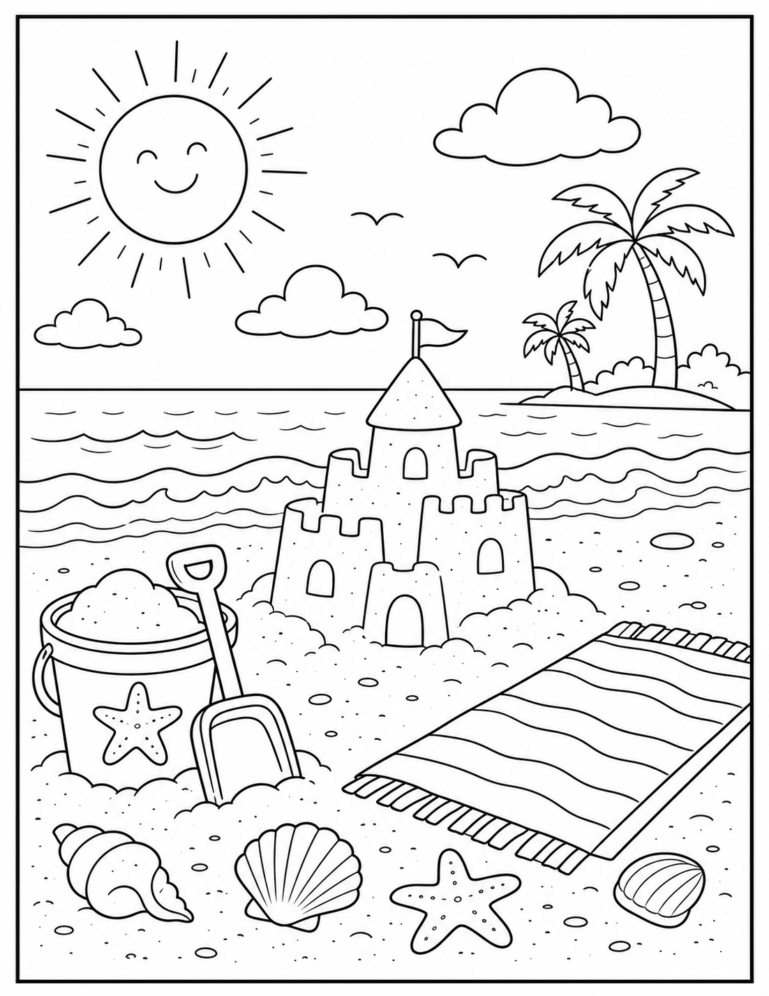 Printable spring break beach coloring page.