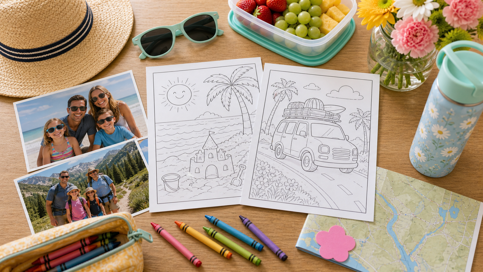 Spring break coloring pages arranged with travel supplies, crayons, sunglasses, and family photos