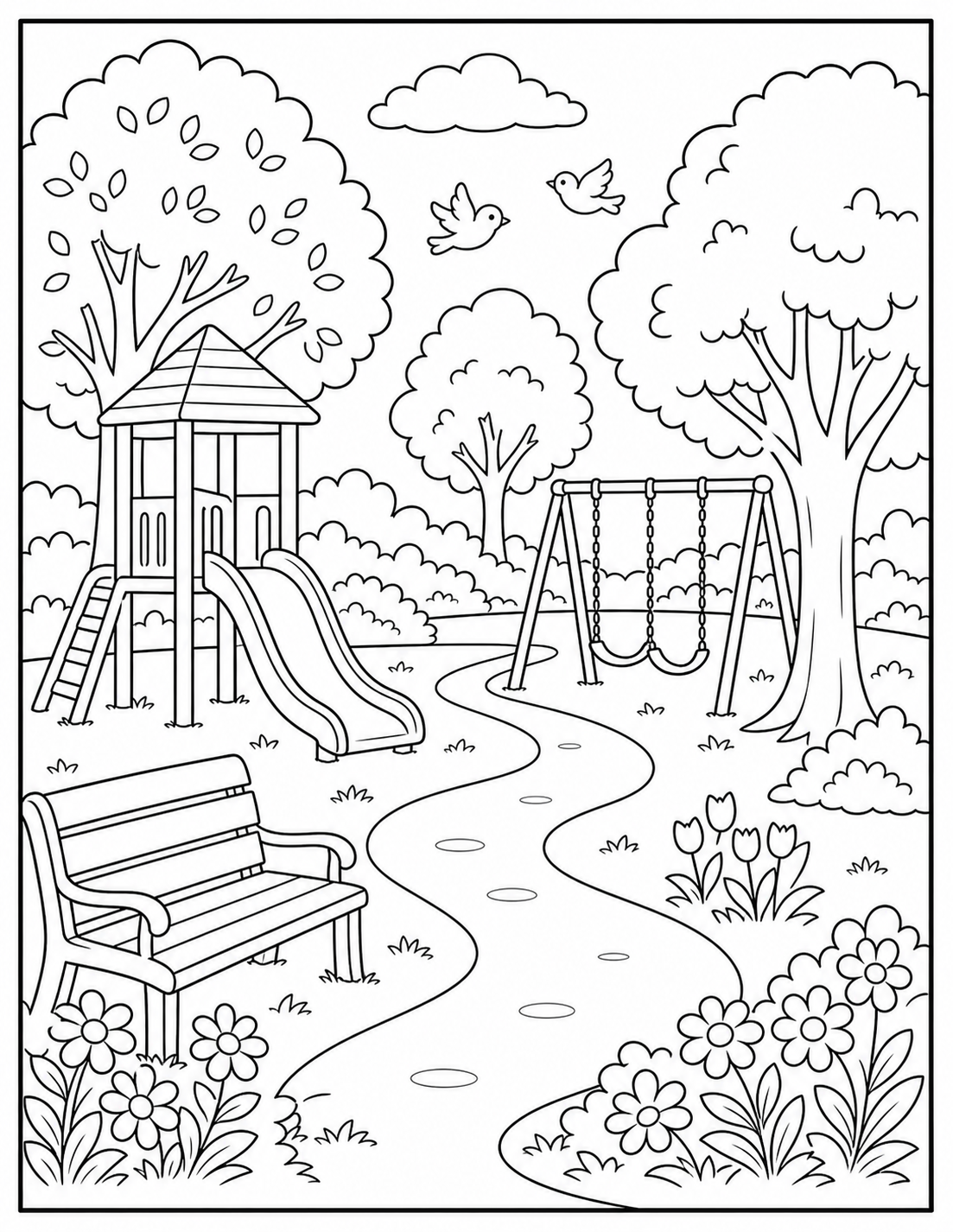 Printable spring break park coloring page.