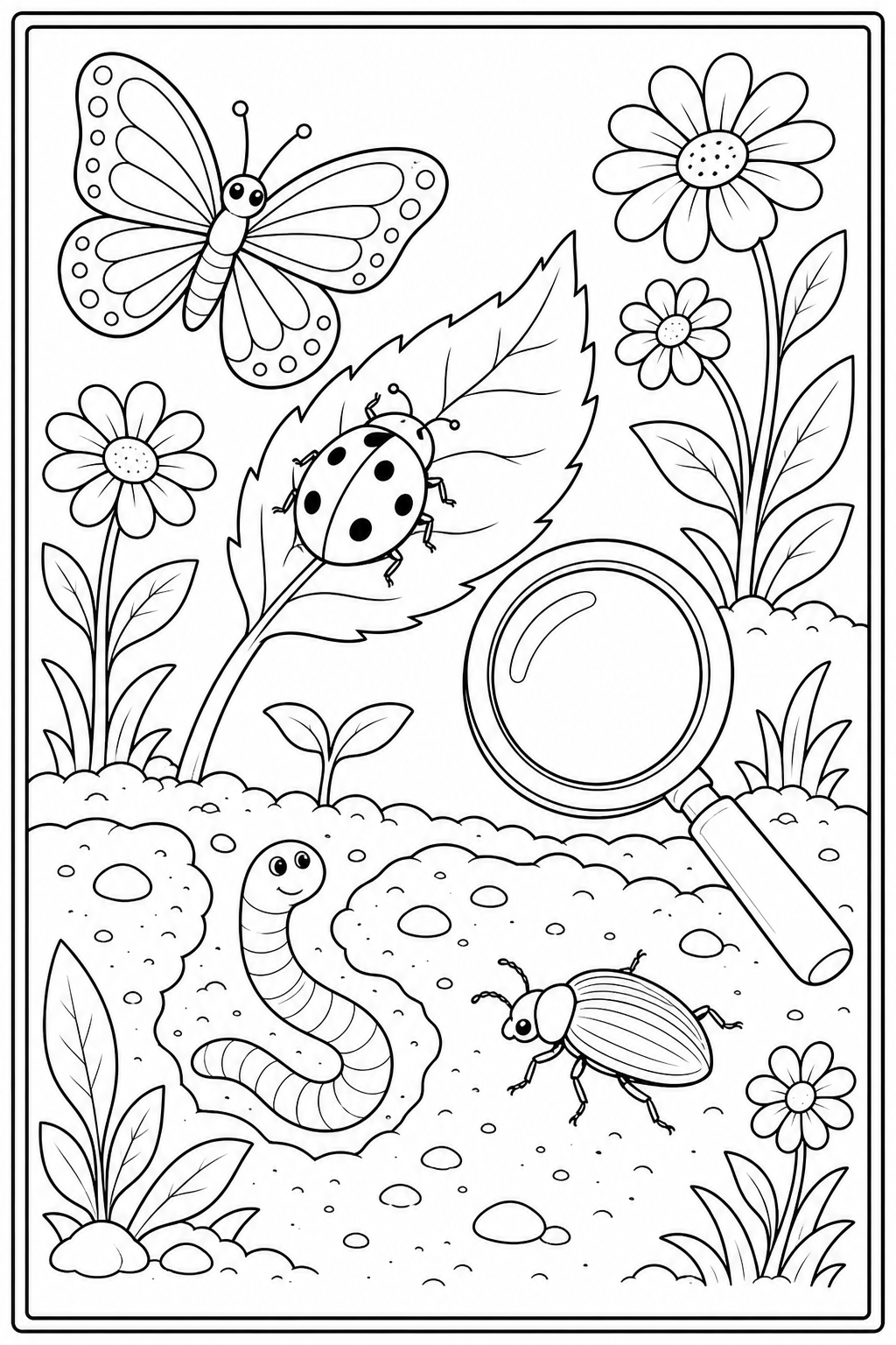 Printable garden bug observation coloring page.