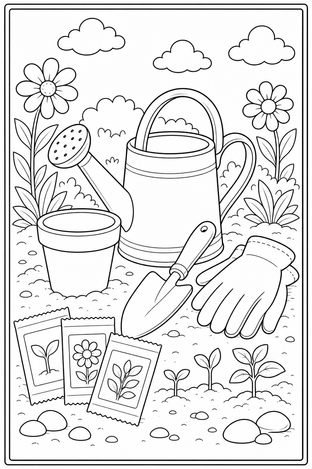 Printable garden tools and watering can coloring page.