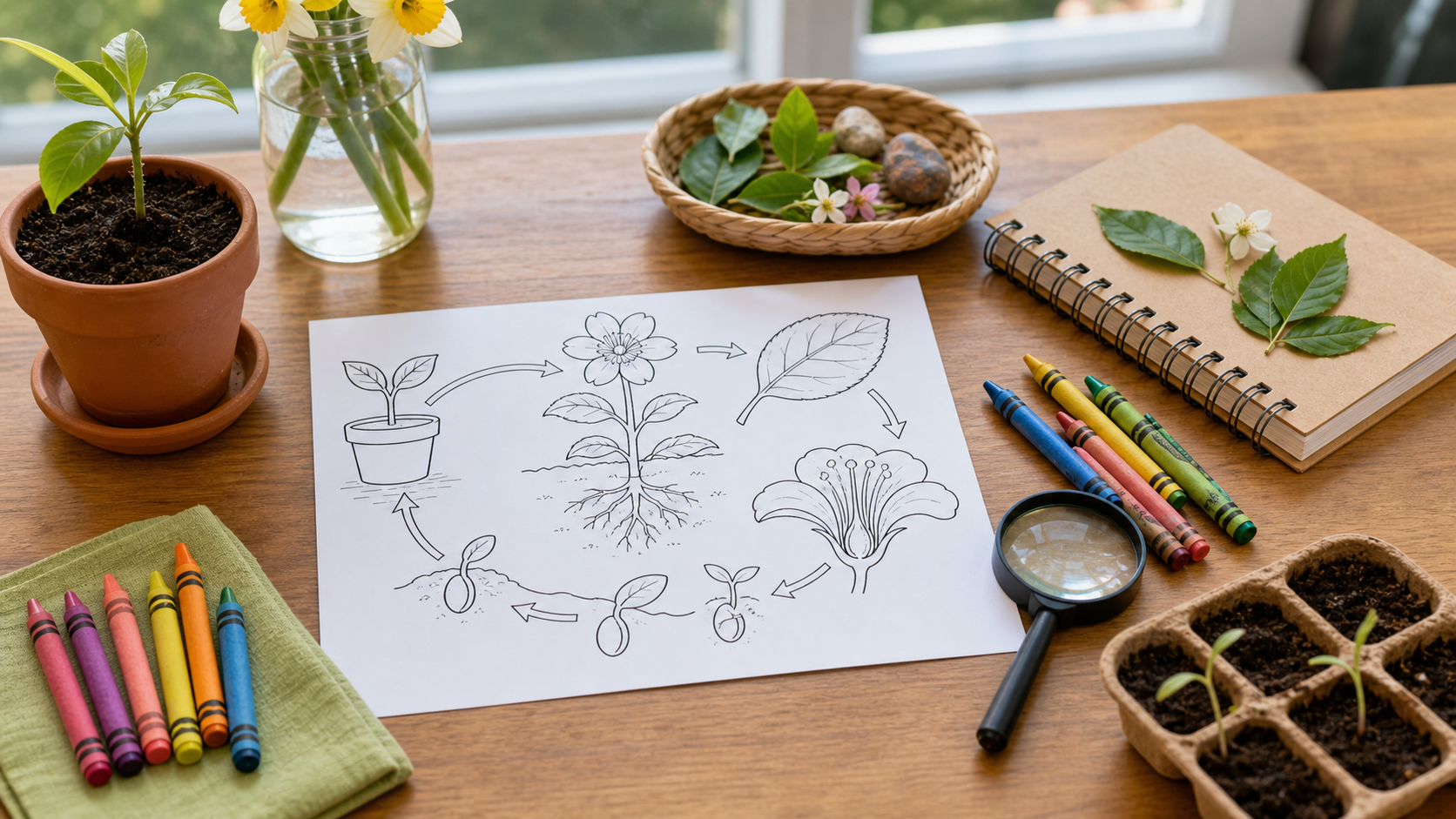 Spring garden science coloring pages on a table with crayons, leaves, seedlings, and a nature journal