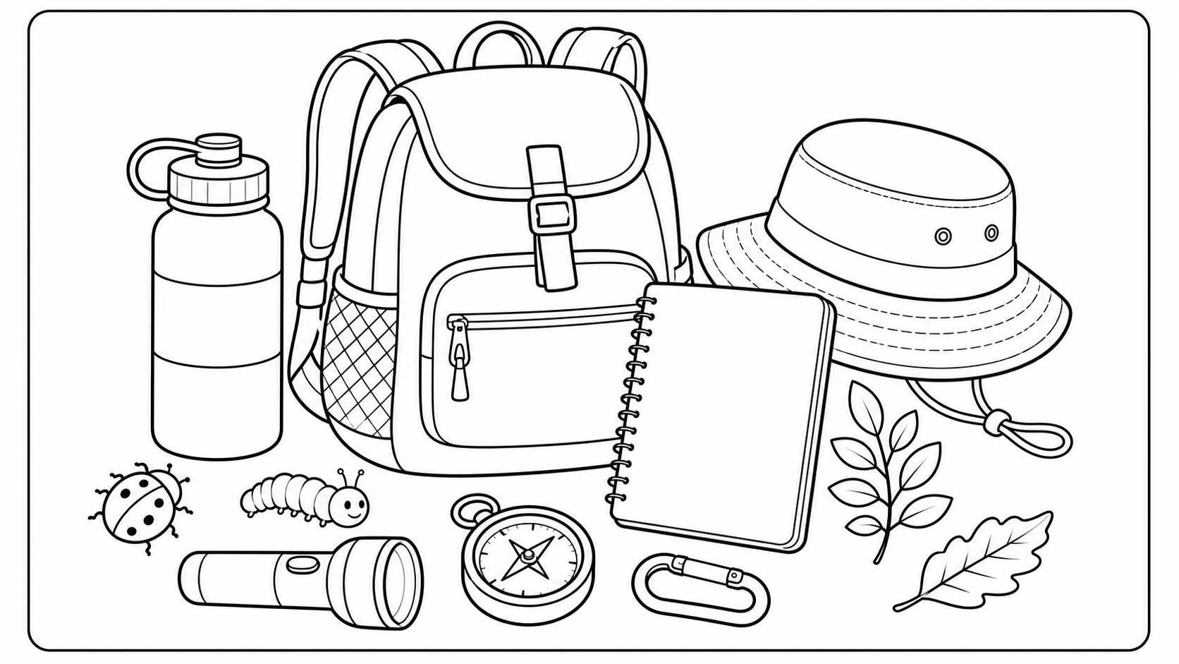 Standalone printable camp backpack coloring page with a water bottle, hat, nature notebook, leaves, and bug details.