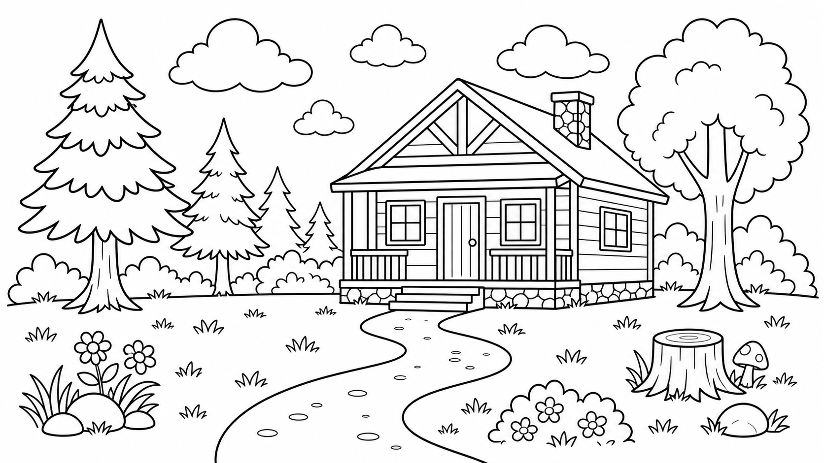 Standalone printable camp cabin coloring page with trees, clouds, grass, and a winding path.