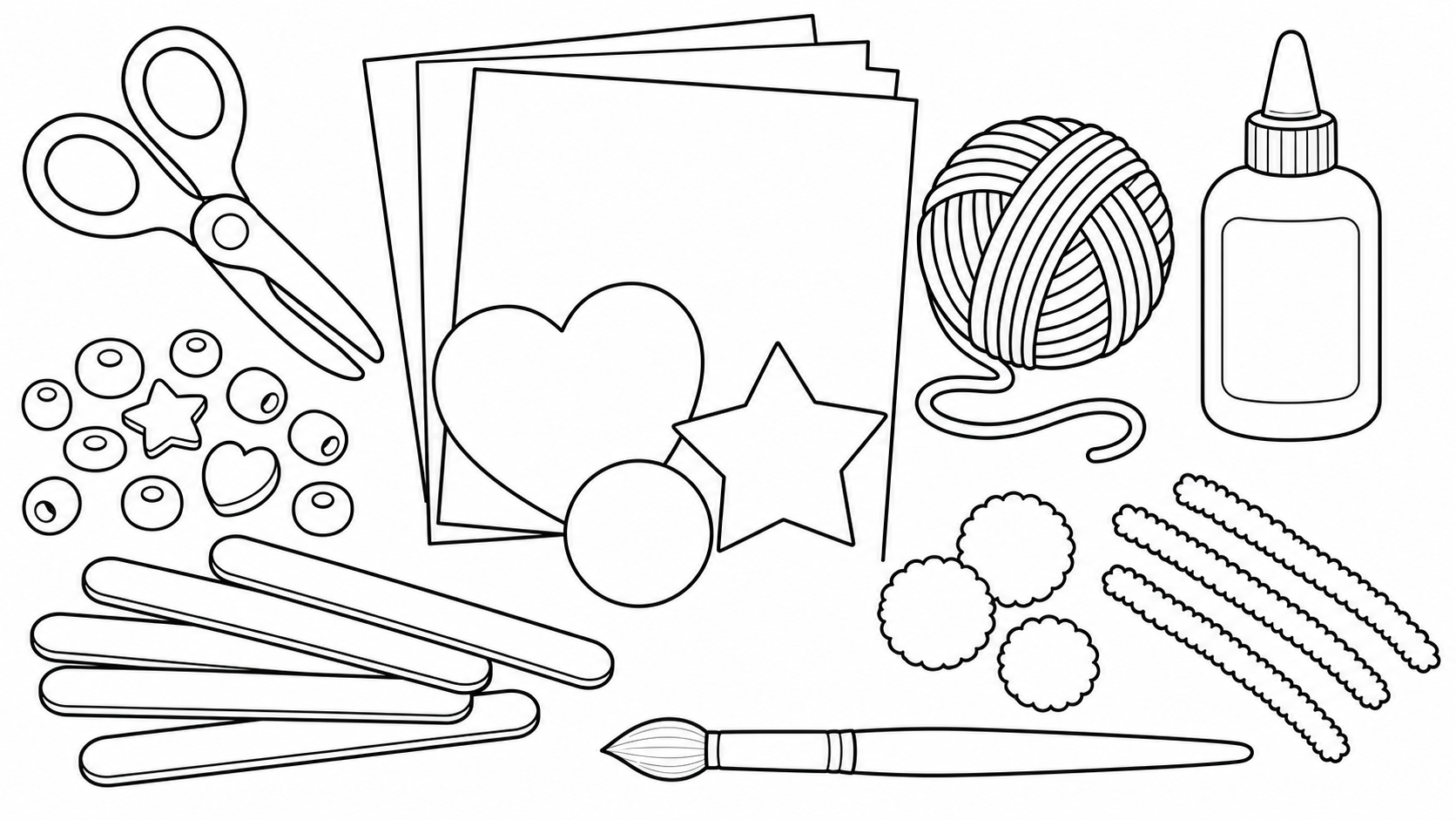Standalone printable camp craft supplies coloring page with scissors, paper shapes, yarn, glue, beads, and craft sticks.