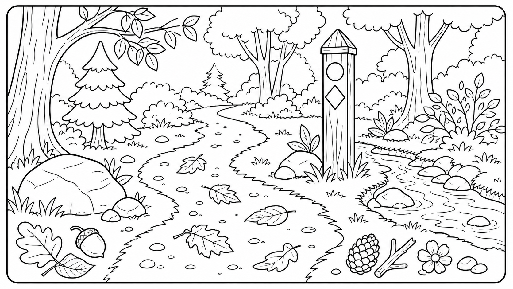 Standalone printable nature hike coloring page with a trail, leaves, rocks, trees, and a creek.