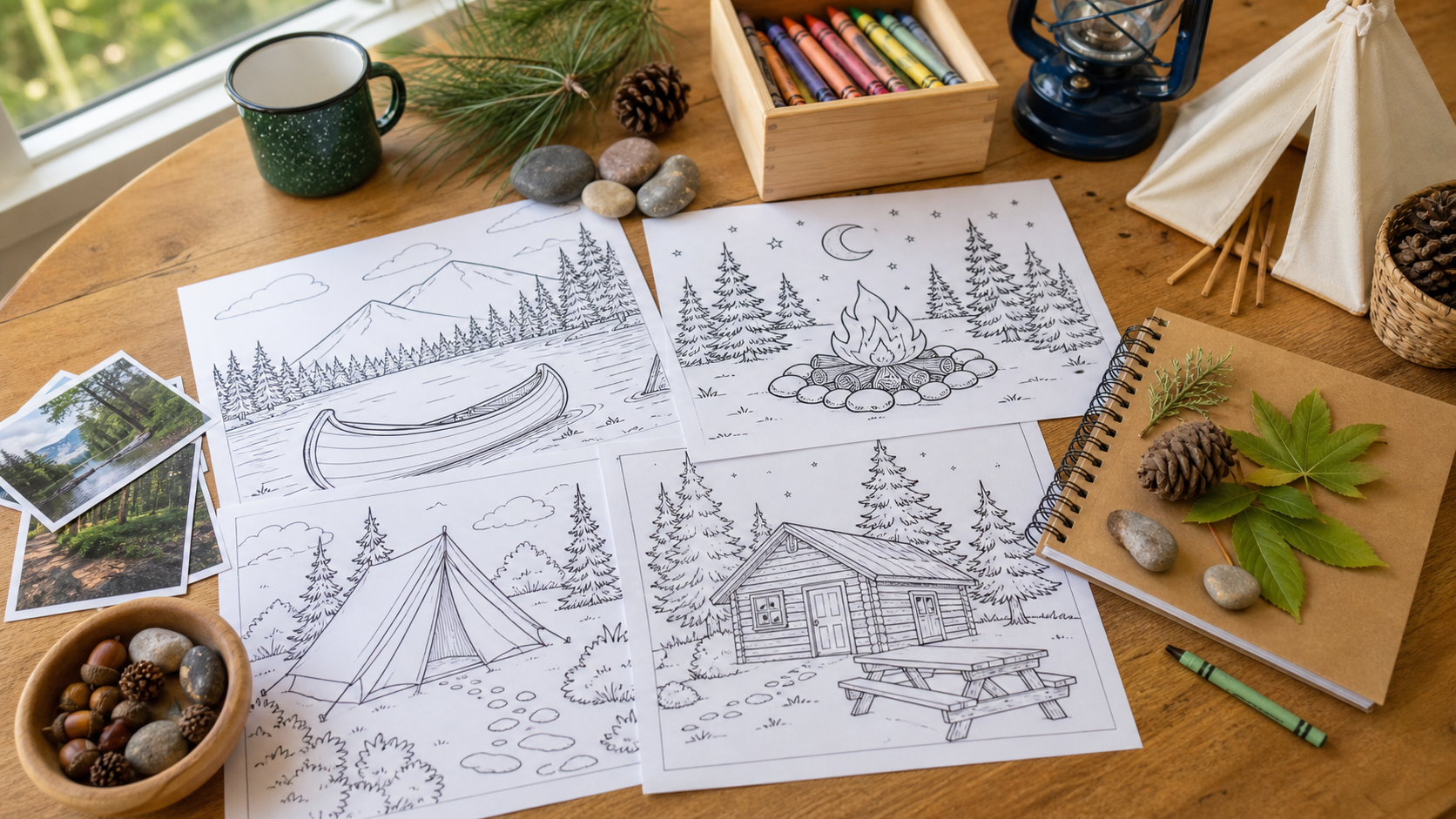 Printable summer camp coloring pages arranged on a table with crayons, nature finds, a camp notebook, and craft supplies.