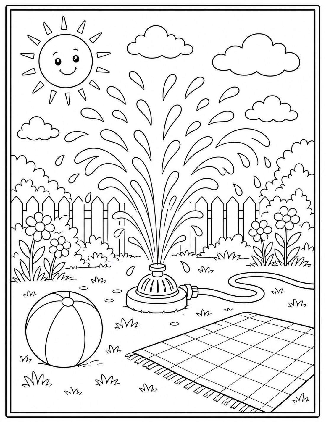Printable backyard sprinkler summer coloring page.