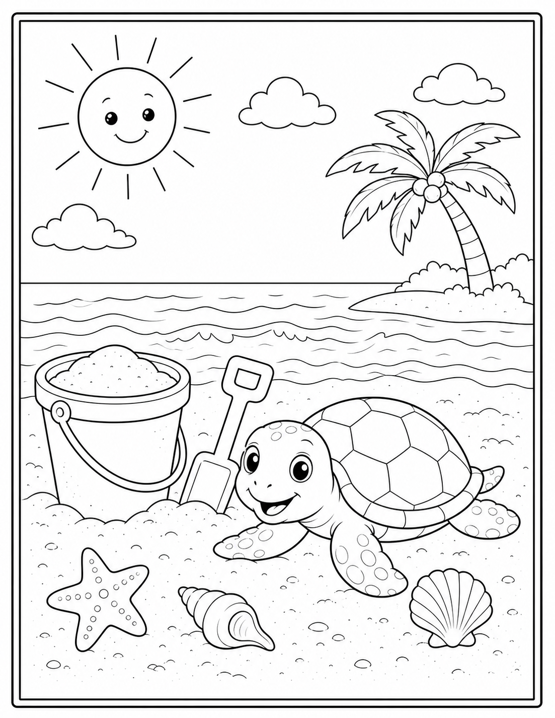 Printable summer beach bucket and sea turtle coloring page.