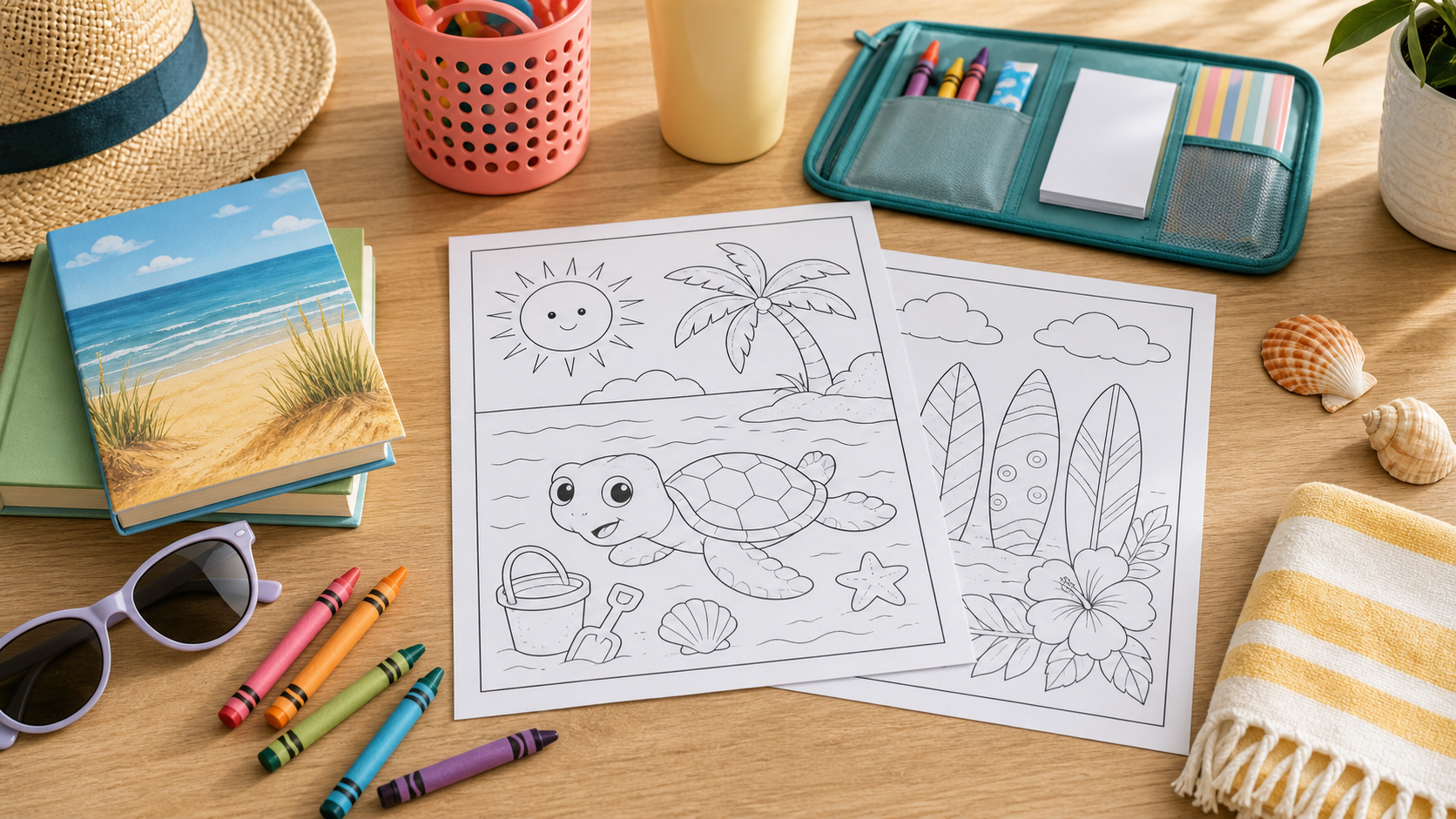Summer coloring pages on a table with crayons, sunglasses, books, and travel supplies