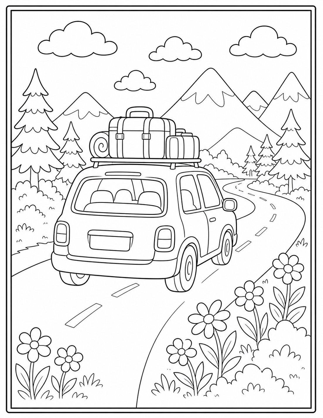 Printable summer road trip coloring page.