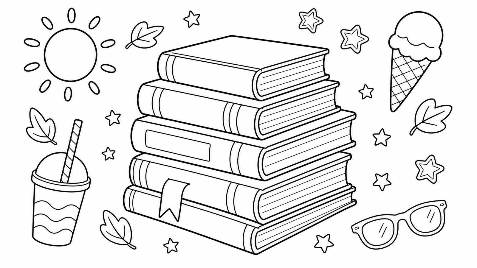 Printable summer reading coloring page with a generic book stack, bookmark, stars, and summer details.