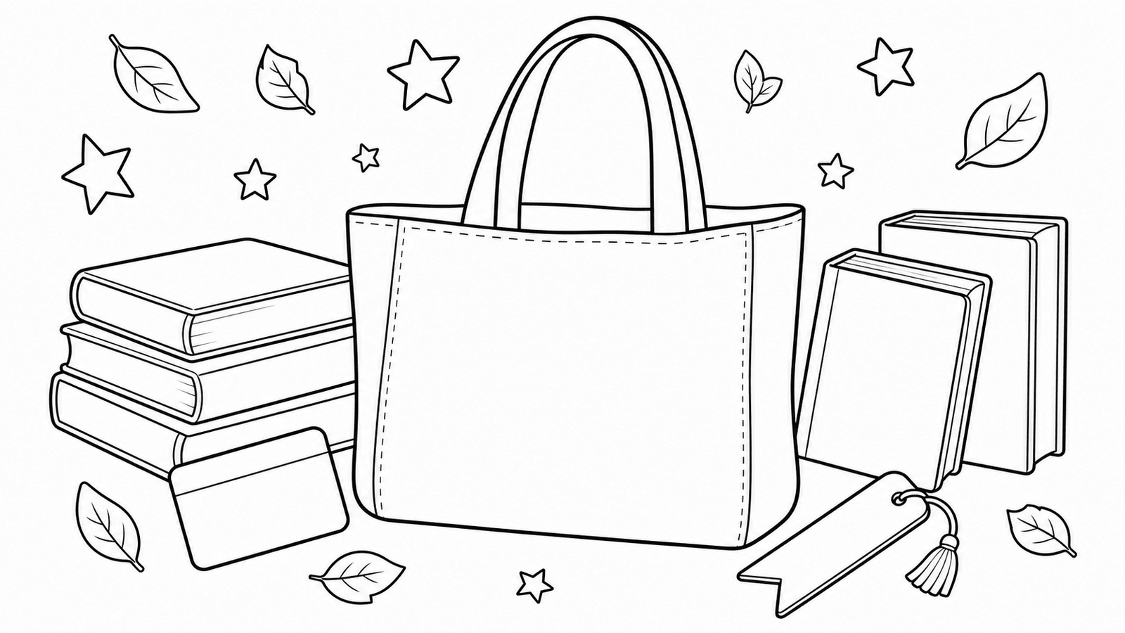 Printable library bag coloring page with books, a blank card, bookmark, leaves, and stars.