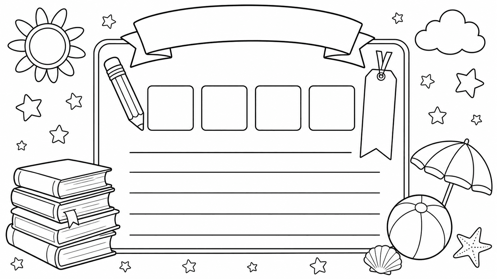 Printable reading log coloring page with blank boxes, lines, books, pencil, bookmark, and stars.