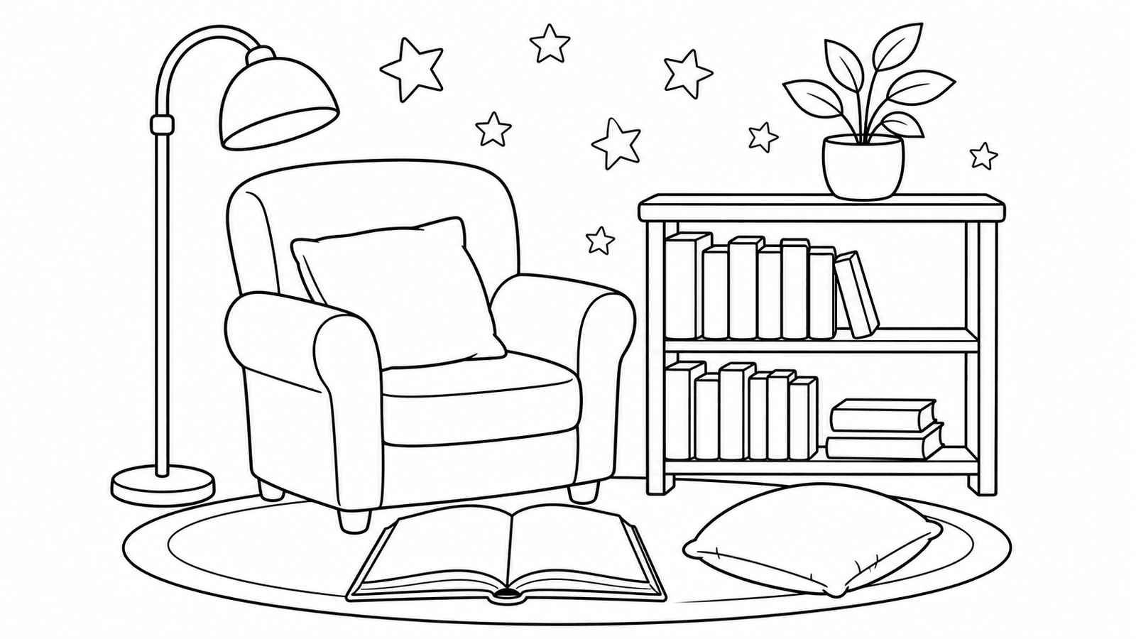 Printable reading nook coloring page with a chair, lamp, bookshelf, pillow, and open book.