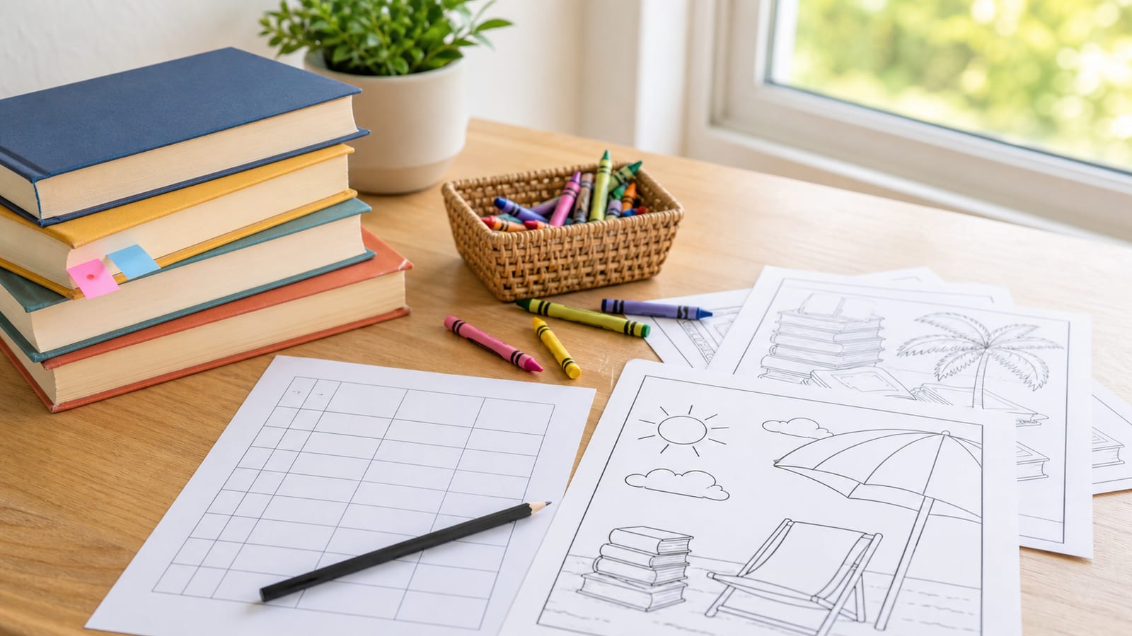 Summer reading coloring pages, a blank reading log, crayons, bookmarks, and generic books arranged on a sunny table.