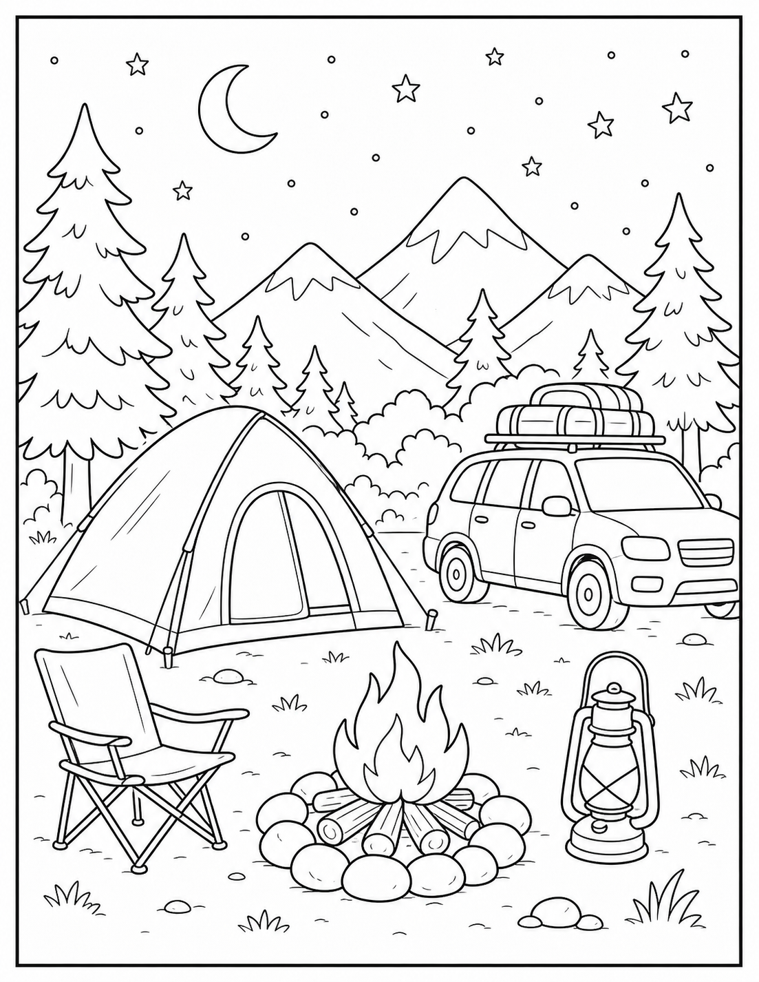 Printable road trip camping coloring page.