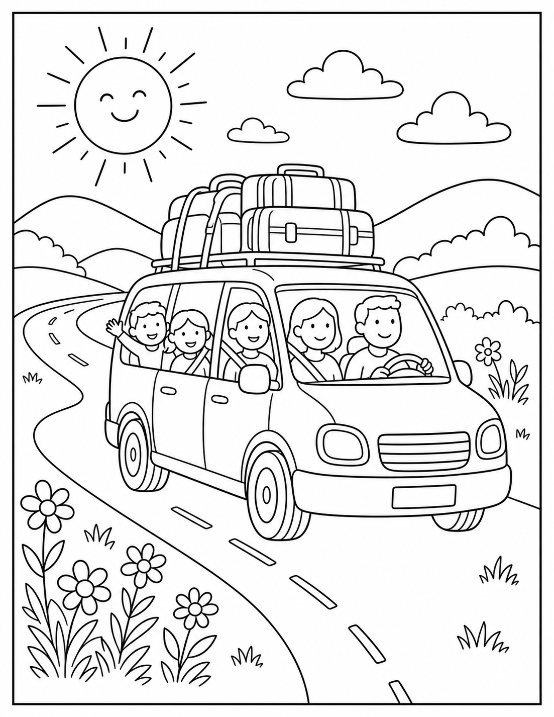 Printable road trip car coloring page.
