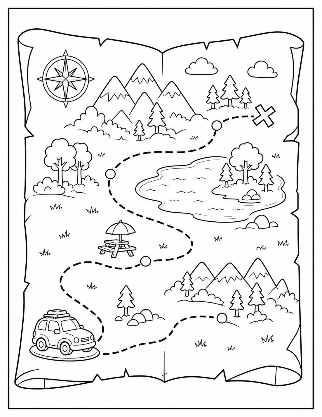 Printable road trip map coloring page.