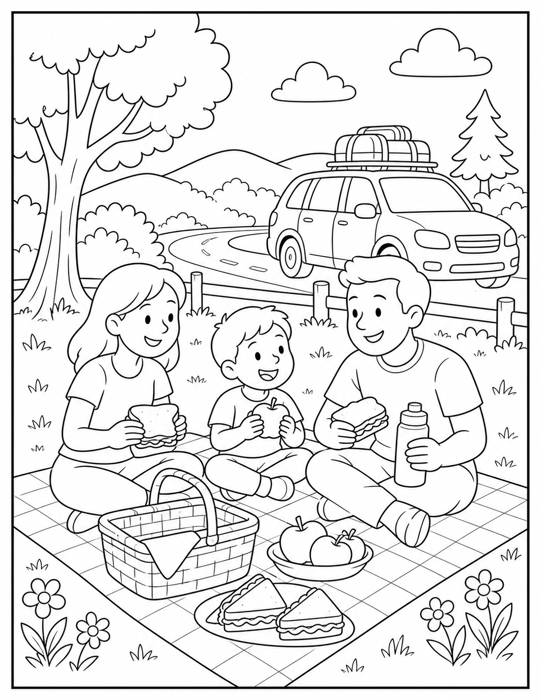 Printable road trip picnic coloring page.