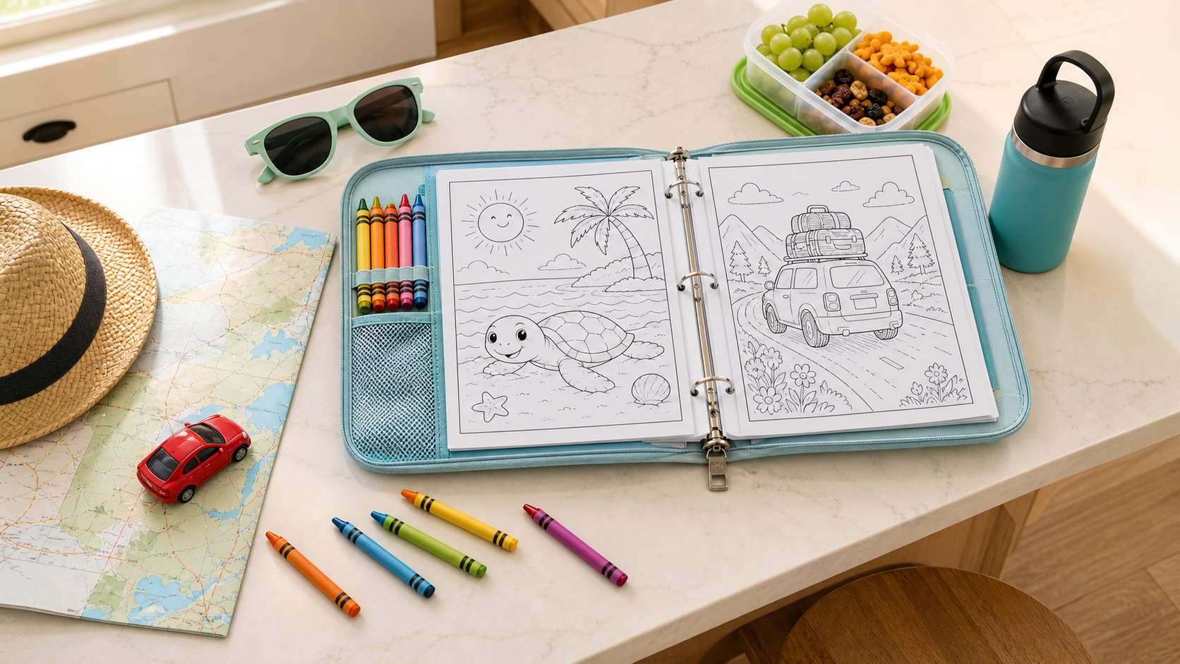 Summer road trip coloring pages in a travel binder with crayons, sunglasses, and snacks