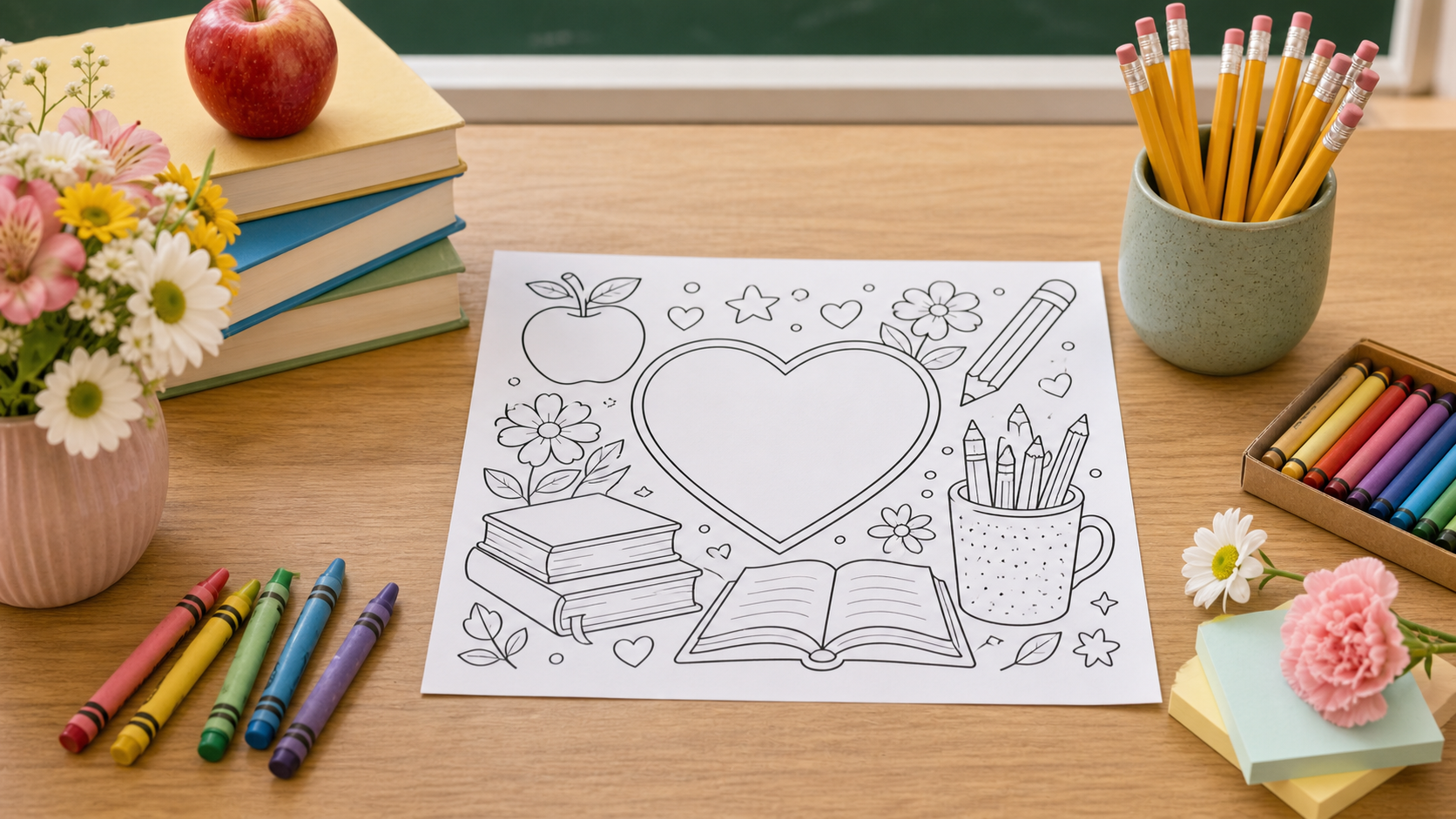 Teacher Appreciation coloring page on a desk with crayons, books, pencils, and flowers