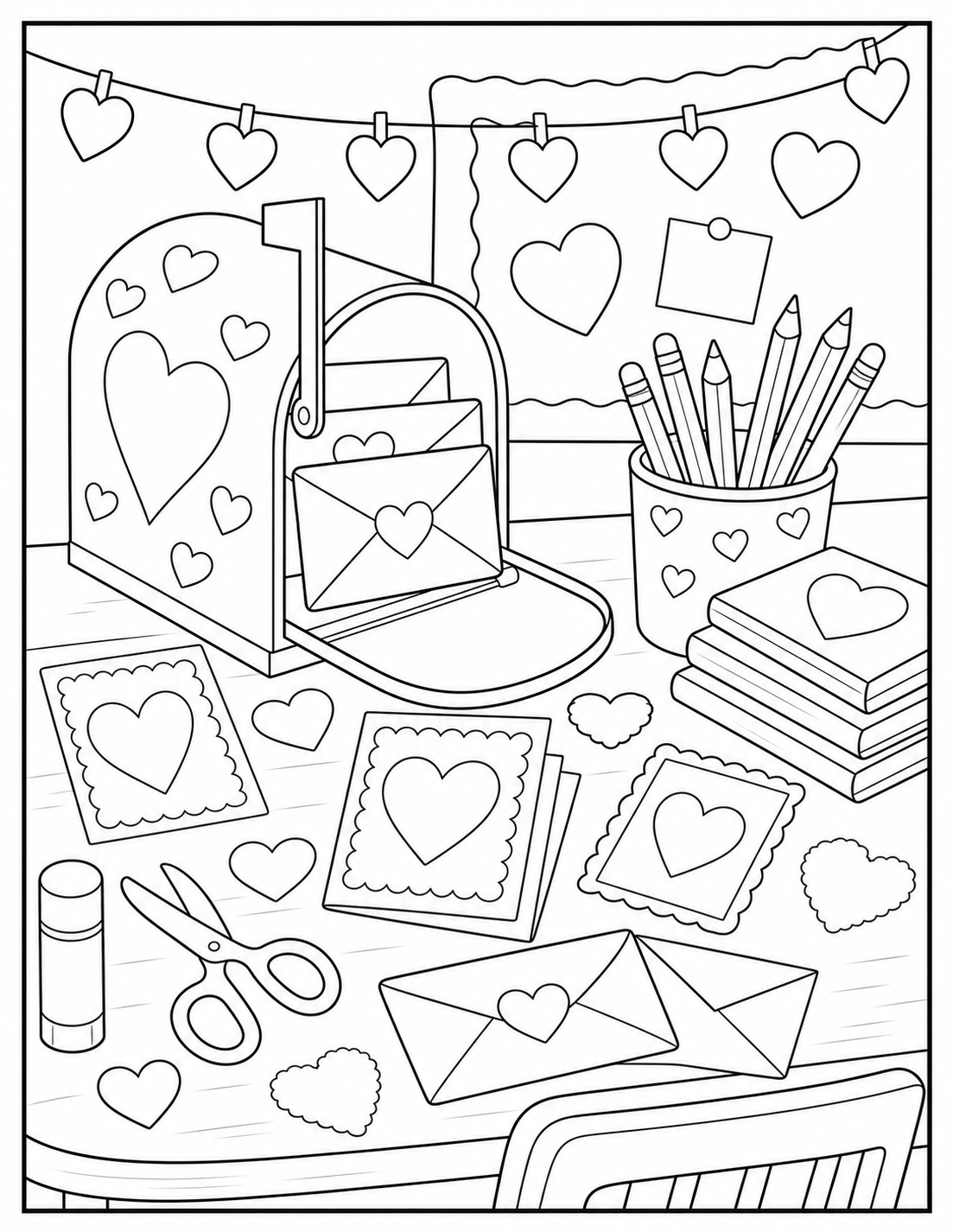 Printable Valentine classroom card coloring page.