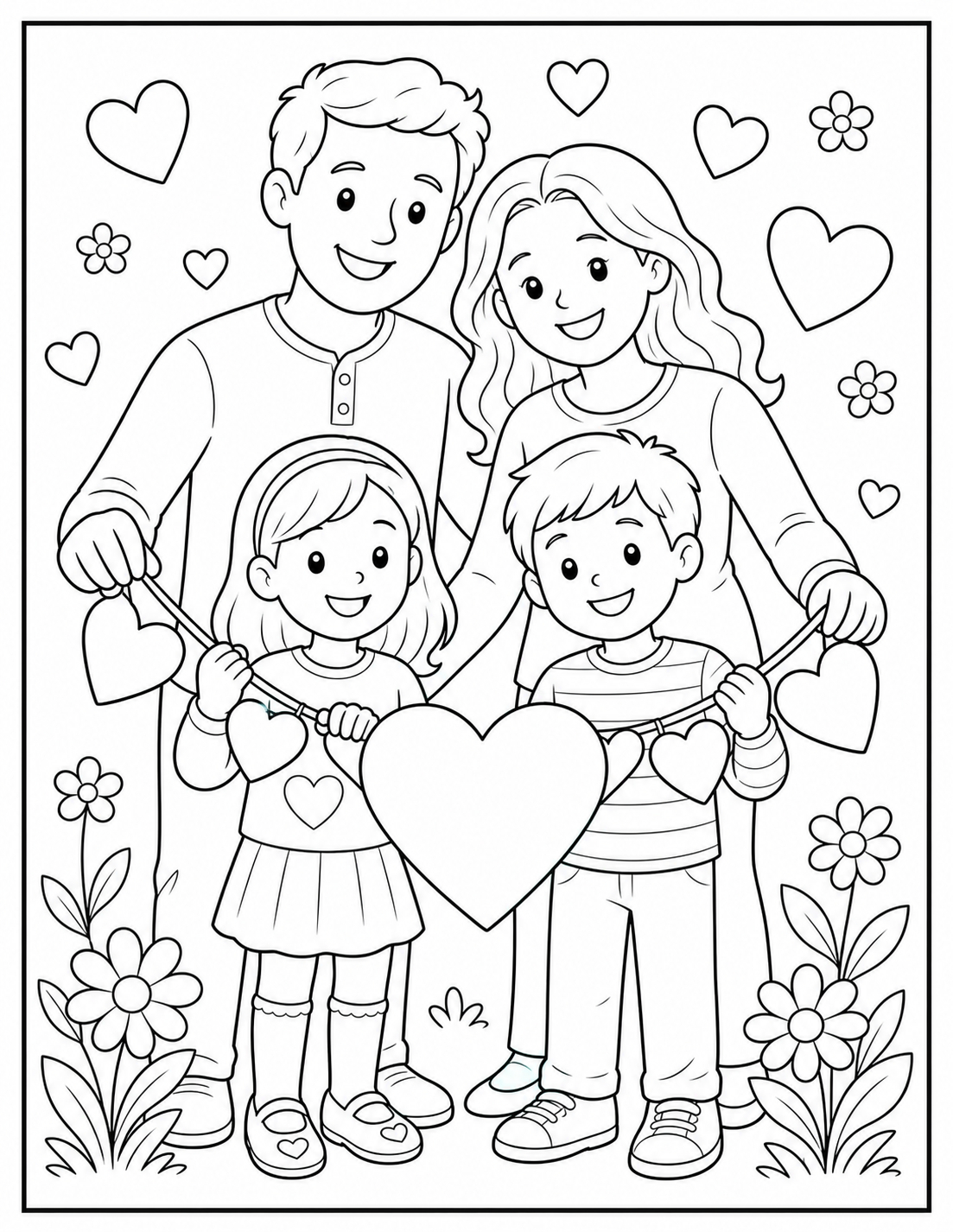 Printable family Valentine coloring page.