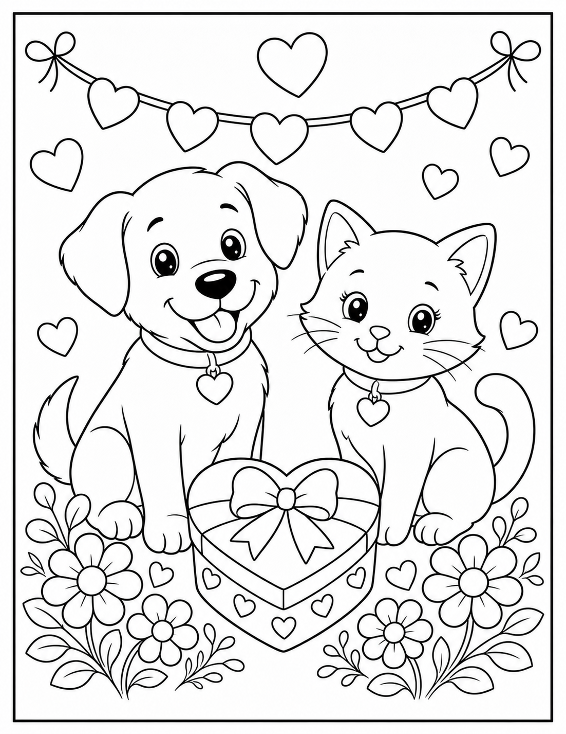 Printable pet Valentine coloring page.