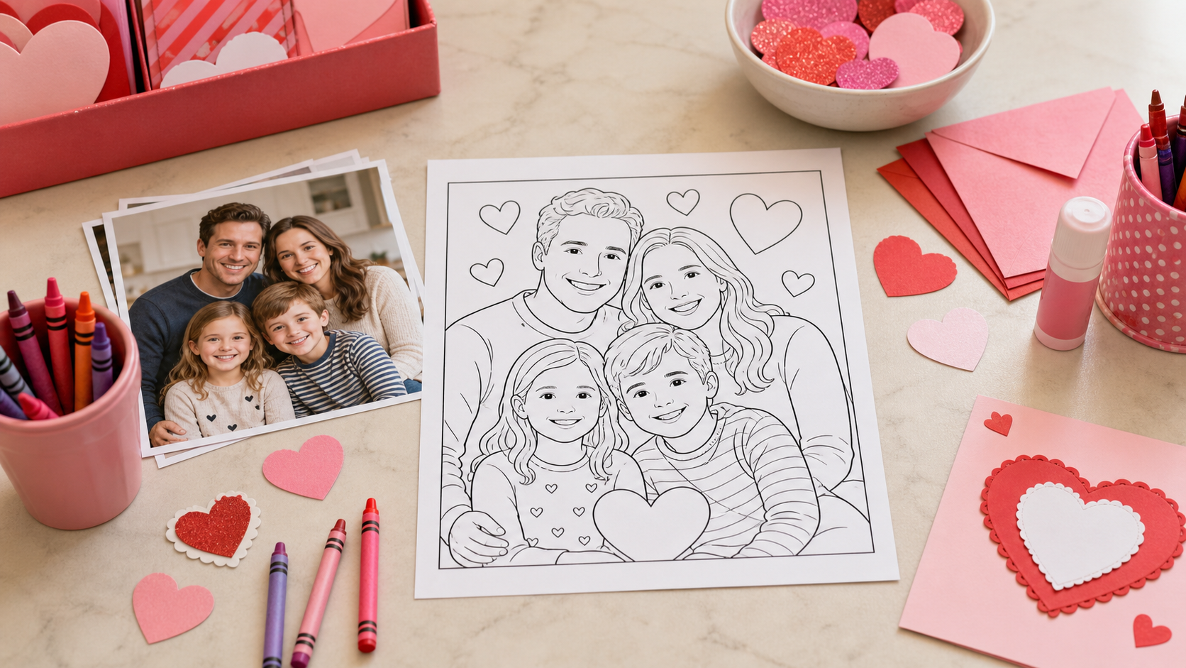 Valentine's Day coloring page on a family craft table with hearts, crayons, cards, and photo prints
